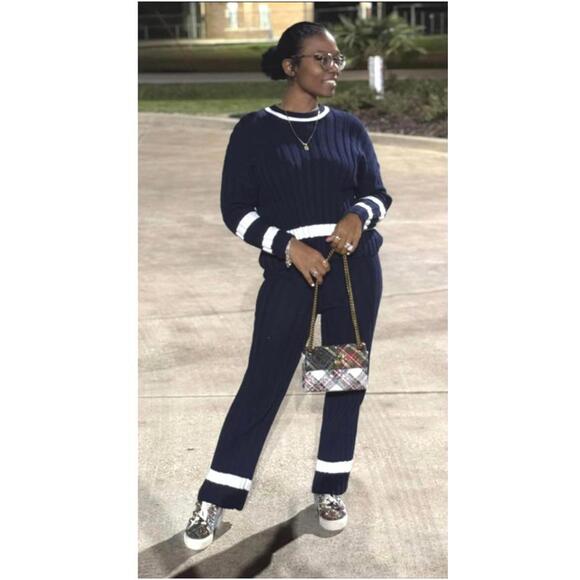 Sincerly Jules Sweaters - Sincerely Jules Navy/White Ribbed Crewneck Pullover Sweater Set Women's Small